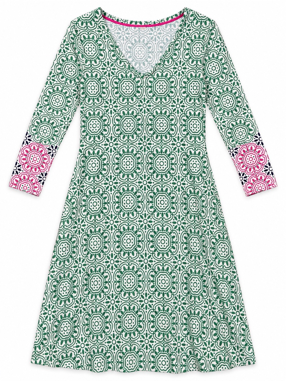 Boden Mandala Floral Jersey Dress Green Medallion Pink Cuff V-Neck Sz 6